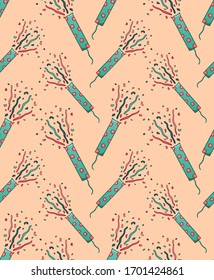 Green confetti petards for holiday party seamless pattern. Decoration for greeting card, wrapper and textile. Peach color background, vector.