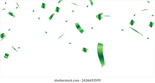 Green confetti and serpentine ribbons falling from above. Streamers, tinsel vector seamless frame border background in simple flat cartoon modern style, Confetti explosion, anniversary decoration.