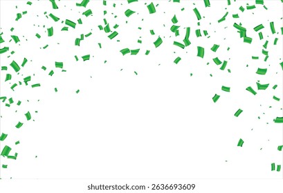 Green confetti and serpentine ribbons falling from above. Streamers, tinsel vector seamless frame border background in simple flat cartoon modern style, Confetti explosion, anniversary decoration.