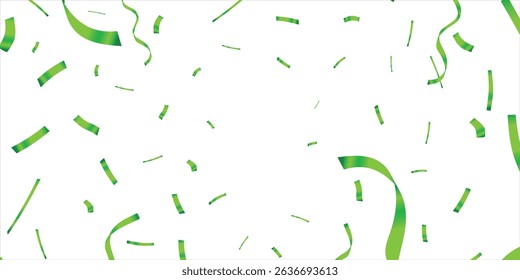 Green confetti and serpentine ribbons falling from above. Streamers, tinsel vector seamless frame border background in simple flat cartoon modern style, Confetti explosion, anniversary decoration.