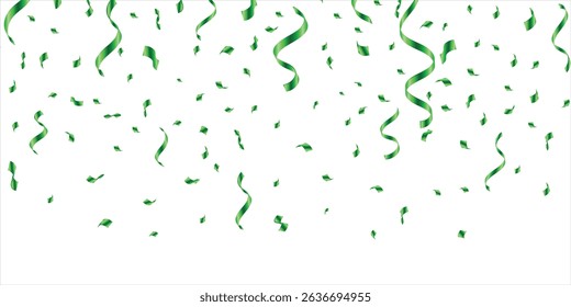 Green confetti. Shiny ribbons falling on abstract background. Design template for party celebration and birthday banner background, confetti, Event and Party confetti and ribbons.