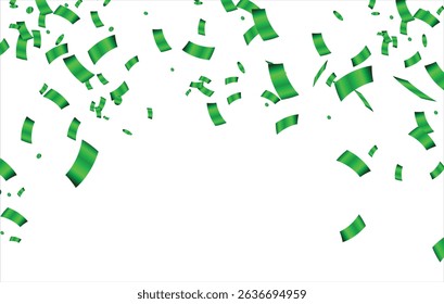 Green confetti. Shiny ribbons falling on abstract background. Design template for party celebration and birthday banner background, confetti, Event and Party confetti and ribbons.