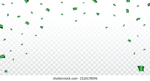 Green confetti and tinsel falling illustration on transparent background. Colorful confetti vector for the festival and party celebration. Green confetti element for carnival background.