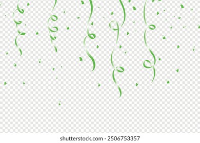 Green confetti and tinsel falling illustration on transparent background. Colorful confetti vector for the festival and party celebration. Green confetti element for carnival background.
