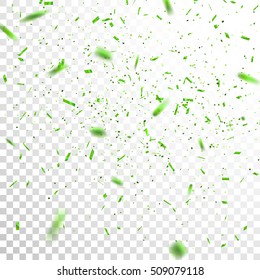 Green Confetti. Vector Festive Illustration of Falling Shiny Confetti Glitters Isolated on Transparent Checkered Background. Holiday Decorative Tinsel Element for Design