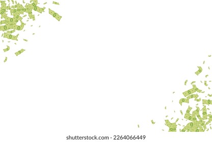 Fondo Blanco del Vector de Confetti Verde. Cubierta de caja reducida. Diseño del Dólar Fluido Volante. Tarjeta de dispersión de divisas de flujo.