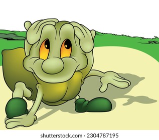 Green Confused Spider with Yellow Eyes - Colored Cartoon Illustration with Background, Vector