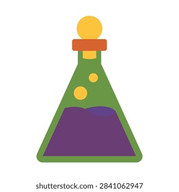A green conical flask containing purple liquid with two yellow bubbles floating inside, topped with a yellow stopper and an orange cork