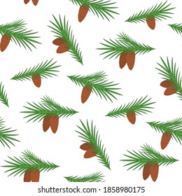 Green coniferous branch with one or two brown cones on light background