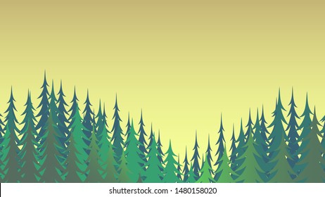 Green coniferous forest and yellow sky. Beautiful background for design. Vector illustration
