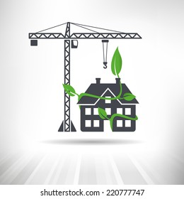 Green Construction Concept. Crane next to house surrounded by green leaves. Fully scalable vector illustration.