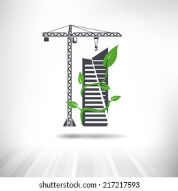 Green Construction Concept. Tower Crane Next To Office Building Surrounded By Green Leaves. Fully Scalable Vector Illustration.