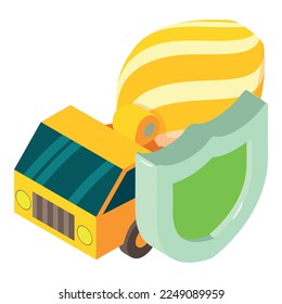 Green construction icon isometric vector. Green shield, concrete mixer machine. Eco technology, environmental protection