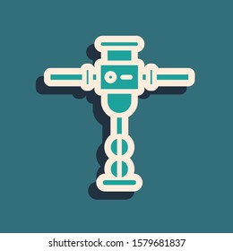 Green Construction jackhammer icon isolated on blue background. Long shadow style. Vector Illustration