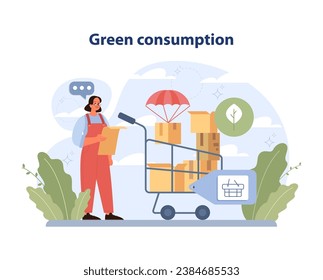 Green Consumption concept. Woman in overalls efficiently shops with cart, eco-friendly packages, and plant symbol. Conscious buying promoting sustainability. Flat vector illustration