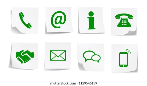 Green contact icons on little sticky papers - stock vector