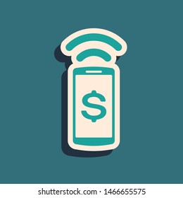 Green Contactless payment icon isolated on blue background. Mobile wallet technology, nfc, wireless payment with smartphone. Long shadow style. Vector Illustration