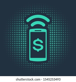 Green Contactless payment icon isolated on blue background. Mobile wallet technology, nfc, wireless payment with smartphone. Abstract circle random dots. Vector Illustration