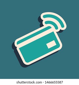 Green Contactless payment with nfc card icon isolated on blue background. Card with radio wave sign. Credit card payment. Long shadow style. Vector Illustration