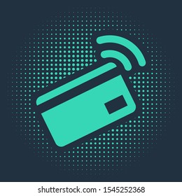 Green Contactless payment with nfc card icon isolated on blue background. Card with radio wave sign. Credit card payment. Abstract circle random dots. Vector Illustration