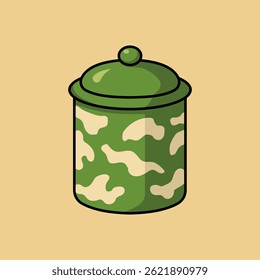 A green container with a lid and abstract pattern stands out against a beige background, ideal for food storage.