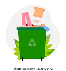 Green container with old clothes for voluntary donations or clothing recycling. A system for exchanging and recycling used clothing. Flat vector illustration isolated on white background