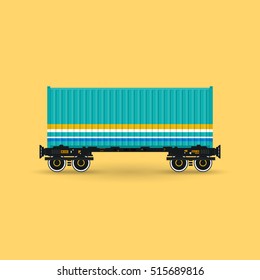 Green Container on Railroad Platform Isolated on Yellow Background, Railway and Container Transport, Vector Illustration