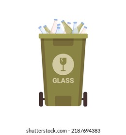 Green container for sorting glass garbage isolated waste bin for recycling wastes. Vector flat cartoon illustration of bucket on wheels for glass bottles and drinks