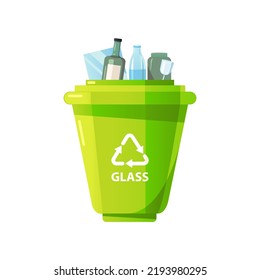 Contenedor verde para ordenar vidrio aislado en blanco. Segregar residuos, clasificar basura, gestionar residuos. Ilustración vectorial de dibujos animados planos.