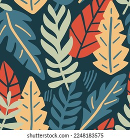 Green Continuous Exotic Beautiful Jungle Decor Art. Black Seamless Botanical Retro Foliage Lines Wallpaper. Dark Repetitive Creative Blossom Shape Texture.