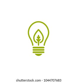 Green contour of electric light bulb with green leaf. Isolated on White. Flat outline icon. Vector illustration. Go green. Eco friendly. World environment day