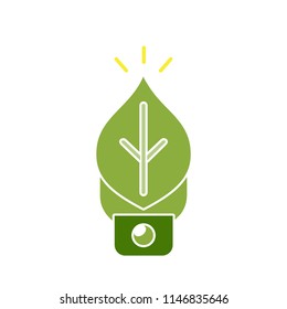 Green contour of electric light bulb with green leaves. Isolated on white. Flat icon. Vector illustration. Go green. Eco friendly. World environment day