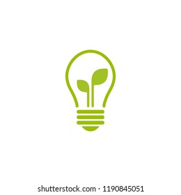 Green contour of electric light bulb with two green leaves. Isolated on white. Flat outline icon. Vector illustration. Go green. Eco friendly. World environment day