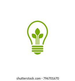 Green contour of electric light bulb with three green leaves. Isolated on white. Flat outline icon. Vector illustration. Go green. Eco friendly. World environment day