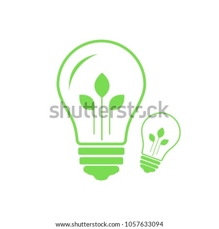 Green contour of electric light bulb with three green leaves. Isolated on white. Flat outline icon. Vector illustration. Go green. Eco friendly. World environment day