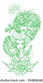Green contour image of asian woman in a kimono and dragon. Beautiful template for posters or leaflets with a girl samurai on a white background.