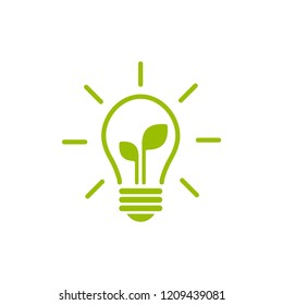Green contour of shining electric light bulb with green leaf. Isolated on White. Flat outline icon. Vector illustration. Go green. Eco friendly. World environment day