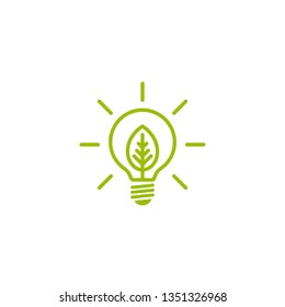 Green contour of shining electric light bulb with green leaf. Isolated on White. Flat outline icon. Vector illustration. Go green. Eco friendly. World environment day