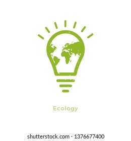 Green contour of shining electric light bulb shaped world. Isolated on White. Flat outline icon.