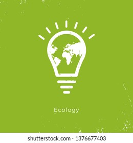 Green contour of shining electric light bulb shaped world. Isolated on White. Flat outline icon.
