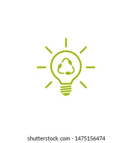 Green contour of shining electric light bulb with three arrows eco recycle sign. Vector reuse  illustration isolated on white. Nature ecology circle symbol
