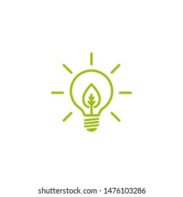 Green contour of shining electric light bulb with green leaf. Isolated on White. Flat outline icon. Vector illustration. Go green. Eco friendly. World environment day