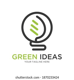 Green contour of shining electric light bulb with green leaf. Isolated on White. Flat outline icon. Vector illustration. Go green. Eco friendly. World environment day