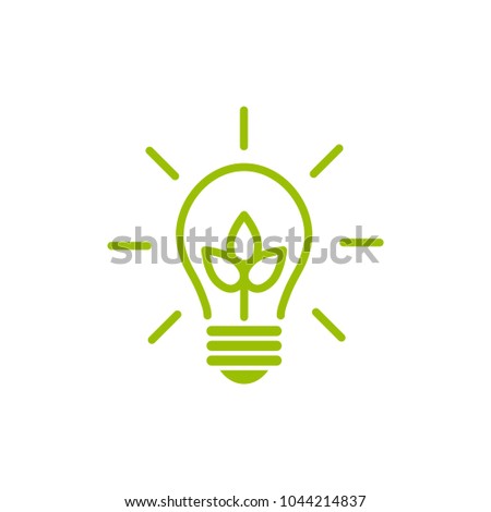 Green contour of shining electric light bulb with green leaf. 