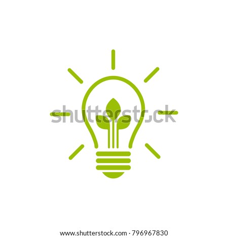Green contour of shining electric light bulb with three green leaf. Isolated on White. Flat outline icon. Vector illustration. Go green. Eco friendly. World environment day