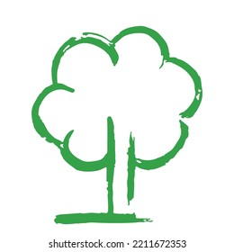 Green contour tree not perfectly drawn with a brush, isolated on white, flat vector, tree outline with jagged edges