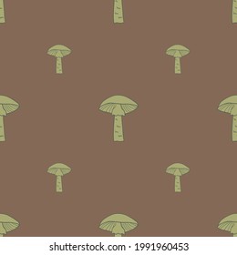 Green contoured mushroom elements seamless pattern in minimalistic style. Brown pastel background. Graphic design for wrapping paper and fabric textures. Vector Illustration.
