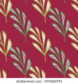 Green contoured stylized branches shapes seamless pattern in doodle style. Pink bright background. Designed for fabric design, textile print, wrapping, cover. Vector illustration.