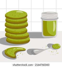 Galletas verdes con té matcha. Ilustración vectorial plana de galletas sanas con té matcha.