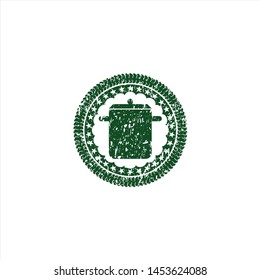 Green cooking pot icon inside distress rubber grunge texture seal